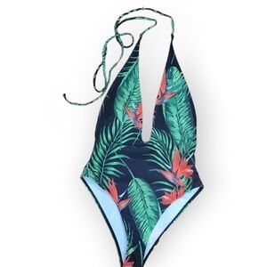 Fashion Nova Black Tropical Print Deep Plunge High Cut One Piece Swimsuit Size S